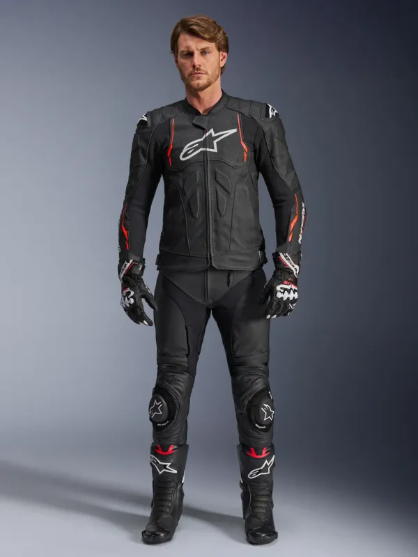 Alpinestars Motorjassen-Dusk Airflow Leather Motorjas Black Red Fluo 1030