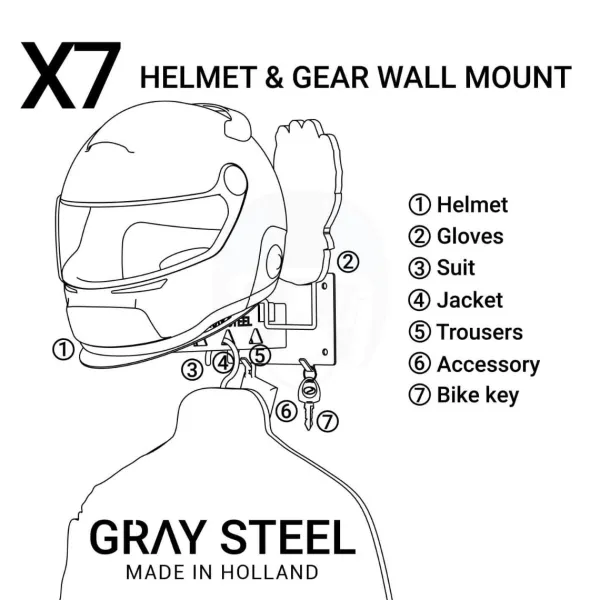 Gray Steel Cadeaus Voor Motorrijders|Helm Houder & Kapstok-X7 Helmet & Gear wall mount Gun Metal