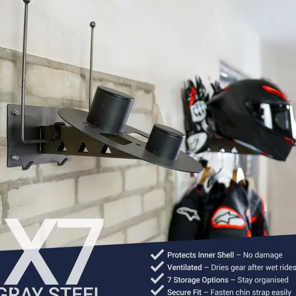Gray Steel Cadeaus Voor Motorrijders|Helm Houder & Kapstok-X7 Helmet & Gear wall mount Gun Metal