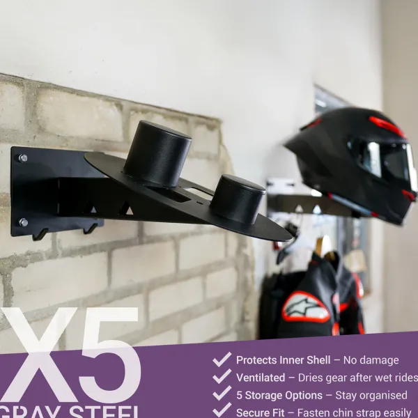 Gray Steel Cadeaus Voor Motorrijders|Helm Houder & Kapstok-X5 Helmet & Gear wall mount Matt Black