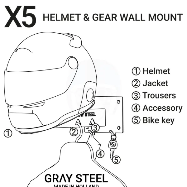 Gray Steel Cadeaus Voor Motorrijders|Helm Houder & Kapstok-X5 Helmet & Gear wall mount Matt Black